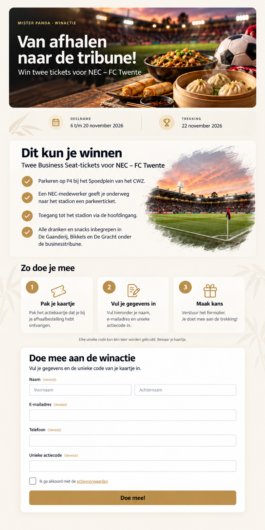 Mister Panda winactie: Van afhalen naar de tribune! Win twee tickets voor NEC – FC Twente.